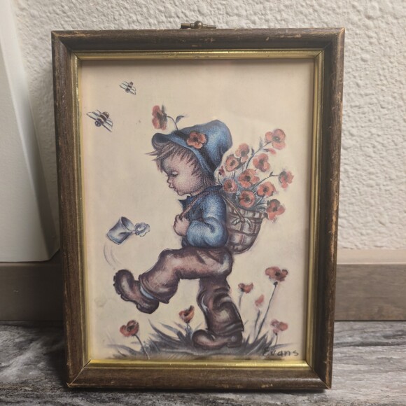Other - Vintage Bessie Pease Gutmann Print Boy w Flowers Evans Framed Nursery 7x9